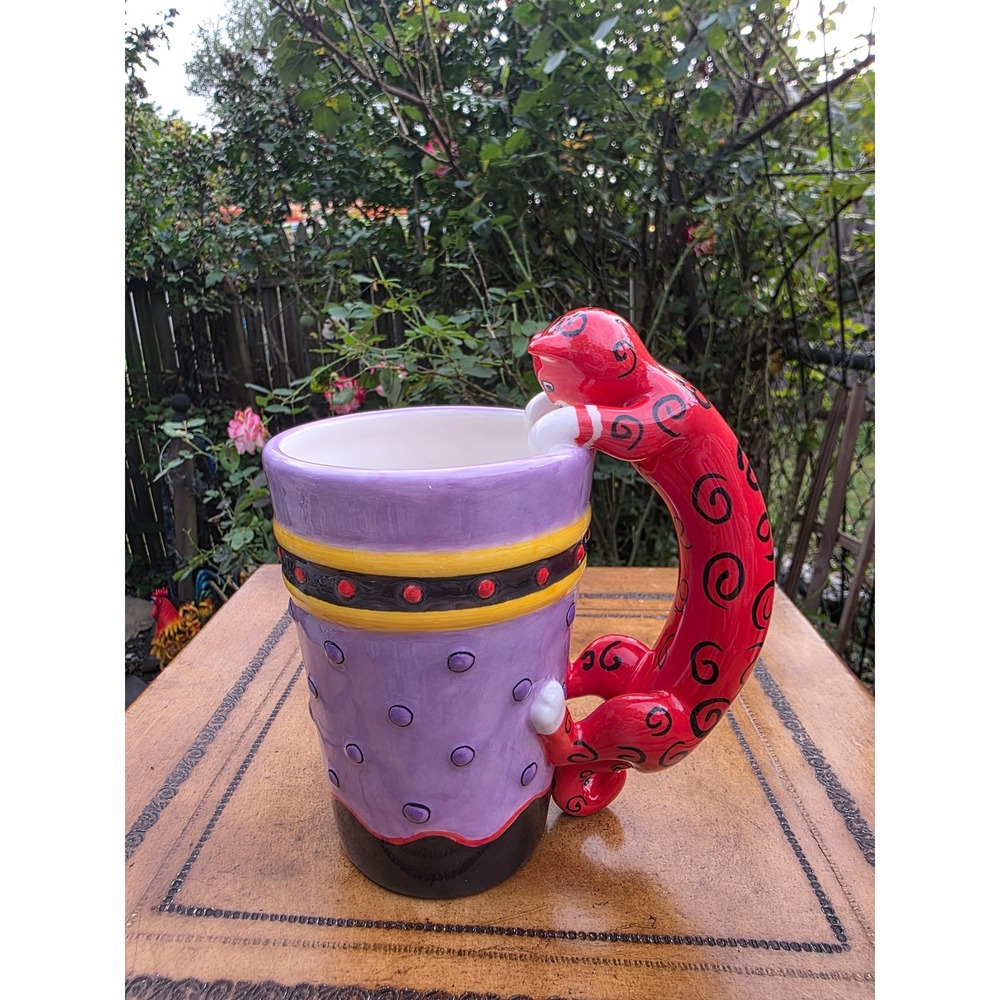 Vintage Ceramic 3D Cat Mug by C.M Redwine Purple Mug Red Cat Climbing Handle